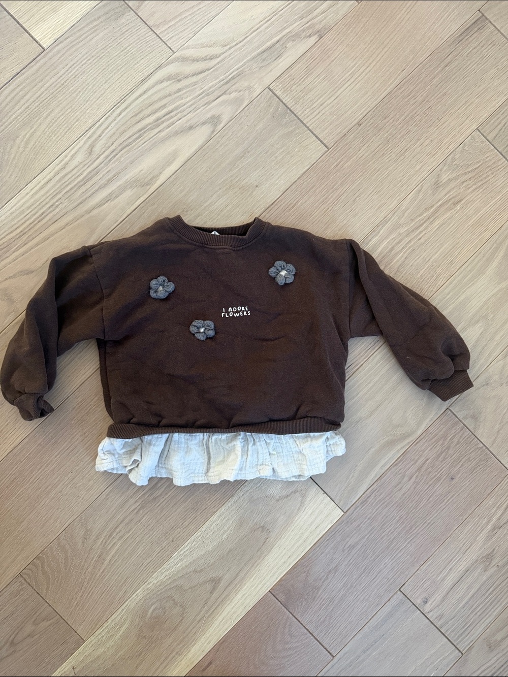 Zara Brown Sweatshirt with Floral Appliqués and Ruffle Hem